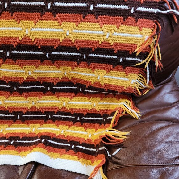 Vtg Handmade Afghan Crochet Retro Sofa Cover Diamond Stitch Stripe Blanket 43x71 - Picture 6 of 14